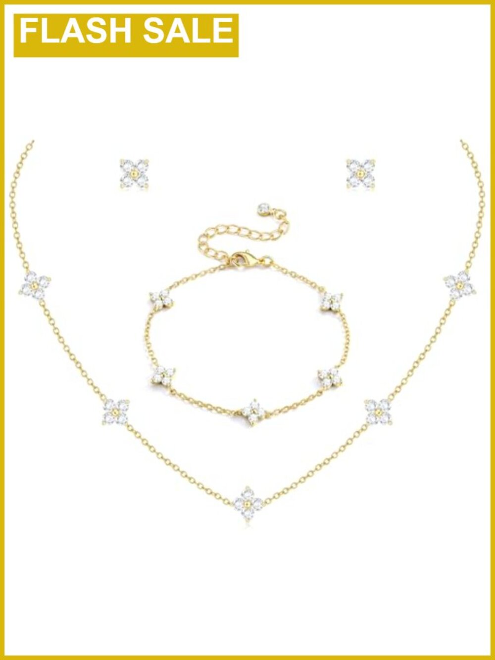 Dainty 14k Gold Plated Stainless Steel Cubic Zirconia Jewelry Set Necklace